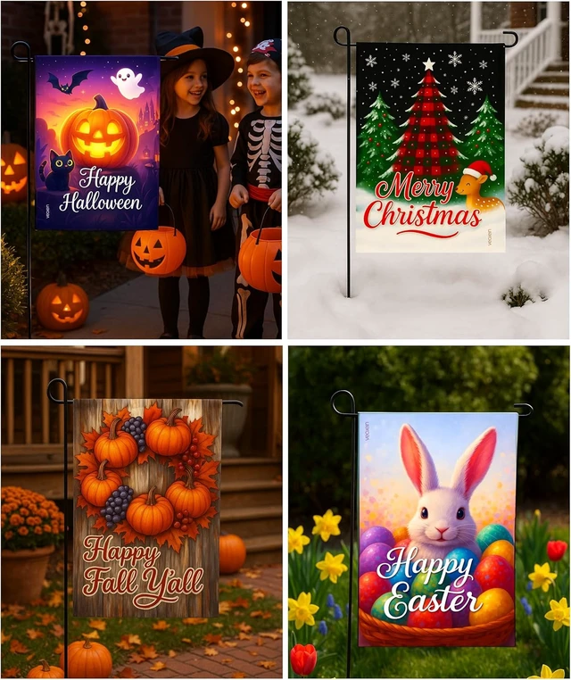 Alt view image 4 of 7 - Premium 12 Pack 12x18 Inch Double Sided Burlap Garden Flags Seasonal Yard Flags for Spring, Summer, Fall, Winter, Easter, Mother's Day, Valentine's, St. Patrick's, 4th of July, Halloween