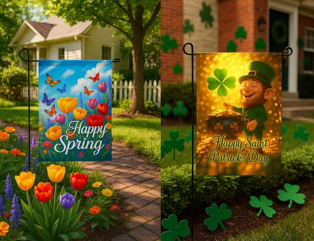 Alt view image 6 of 7 - Premium 12 Pack 12x18 Inch Double Sided Burlap Garden Flags Seasonal Yard Flags for Spring, Summer, Fall, Winter, Easter, Mother's Day, Valentine's, St. Patrick's, 4th of July, Halloween