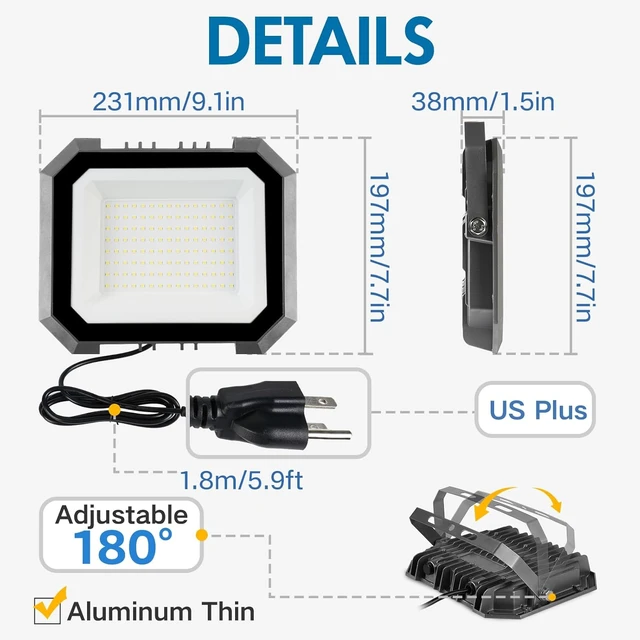 Alt view image 4 of 7 - 2 Pack 100W LED Flood Lights Outdoor 10000LM Outside Work Light