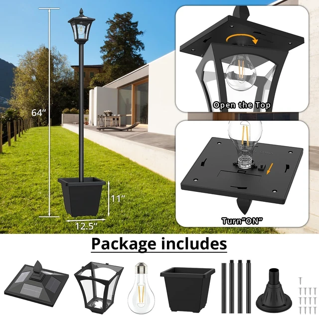 Alt view image 3 of 7 - 64 Inch Solar Lamp Post Light with Planter, Cool White Pole Light