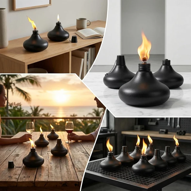 Alt view image 5 of 7 - Upgraded Tabletop Torch Set of 6 24.5 oz Refillable Metal Citronella Lanterns for Patio, Yard, Deck, Garden, Party