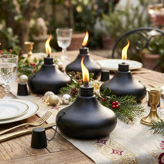 Alt view image 6 of 7 - Upgraded Tabletop Torch Set of 6 24.5 oz Refillable Metal Citronella Lanterns for Patio, Yard, Deck, Garden, Party