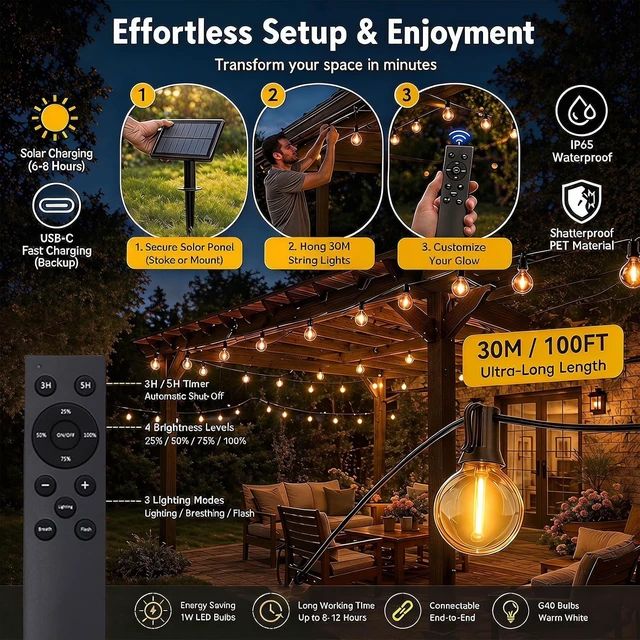 Alt view image 2 of 7 - 100FT Waterproof Solar String Lights Outdoor G40 Shatterproof Patio Bulbs with Remote, Dimmable Timer & 3 Modes for Porch, Yard, Backyard, Garden, Camping