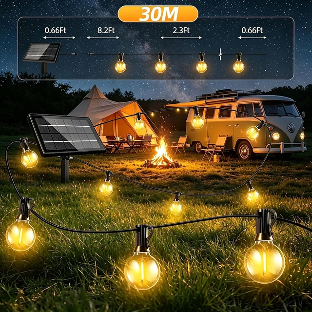 Alt view image 4 of 7 - 100FT Waterproof Solar String Lights Outdoor G40 Shatterproof Patio Bulbs with Remote, Dimmable Timer & 3 Modes for Porch, Yard, Backyard, Garden, Camping