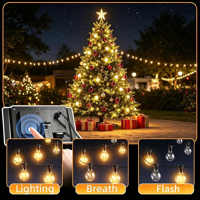 Alt view image 6 of 7 - 100FT Waterproof Solar String Lights Outdoor G40 Shatterproof Patio Bulbs with Remote, Dimmable Timer & 3 Modes for Porch, Yard, Backyard, Garden, Camping