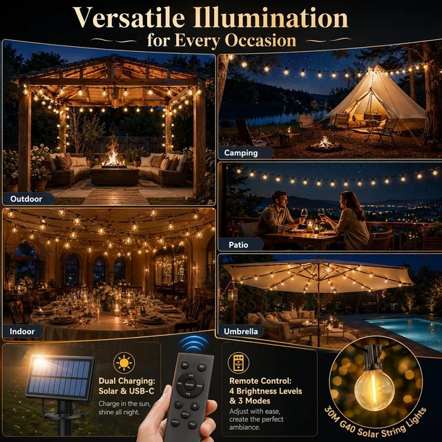 Alt view image 5 of 7 - 100FT Waterproof Solar String Lights Outdoor G40 Shatterproof Patio Bulbs with Remote, Dimmable Timer & 3 Modes for Porch, Yard, Backyard, Garden, Camping