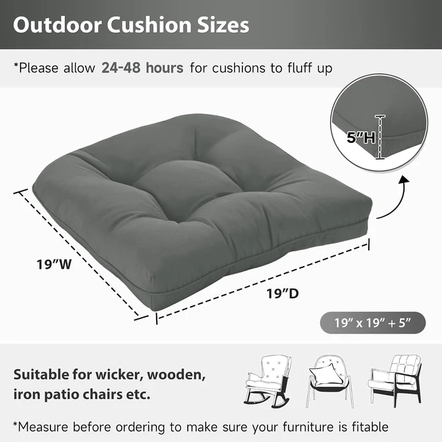 Alt view image 2 of 7 - 19x19 Outdoor Chair Cushions Set of 2 Thick Tufted Water-Resistant Seat Cushions for Lawn Chairs, Overstuffed, Grey