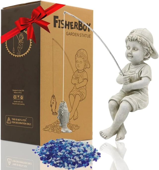 Main image of 11" Fisherboy Garden Statue Little Fishing Guy for Koi Pond or Waterfalls, Poolside Decor with Glow-in-Dark Pebbles, Gift for Mom & Women