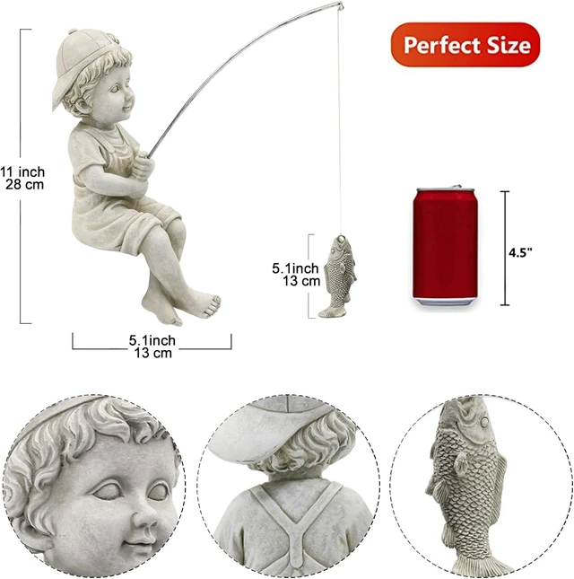 Alt view image 3 of 7 - 11" Fisherboy Garden Statue Little Fishing Guy for Koi Pond or Waterfalls, Poolside Decor with Glow-in-Dark Pebbles, Gift for Mom & Women