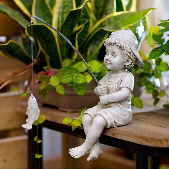 Alt view image 4 of 7 - 11" Fisherboy Garden Statue Little Fishing Guy for Koi Pond or Waterfalls, Poolside Decor with Glow-in-Dark Pebbles, Gift for Mom & Women