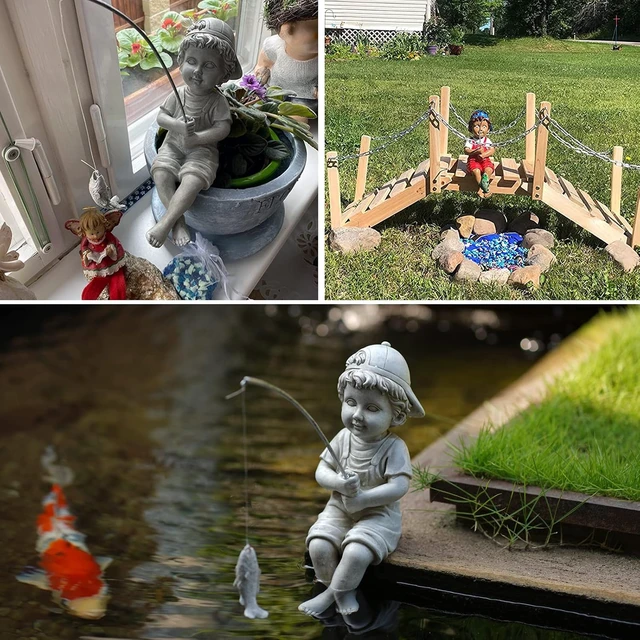 Alt view image 5 of 7 - 11" Fisherboy Garden Statue Little Fishing Guy for Koi Pond or Waterfalls, Poolside Decor with Glow-in-Dark Pebbles, Gift for Mom & Women