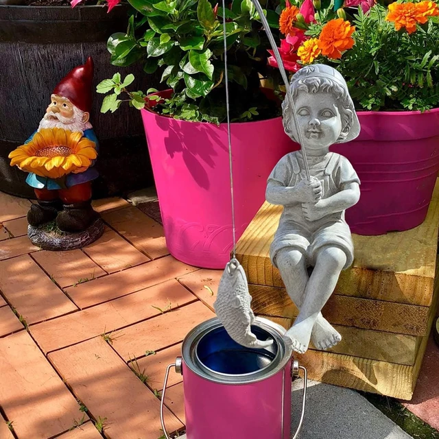 Alt view image 6 of 7 - 11" Fisherboy Garden Statue Little Fishing Guy for Koi Pond or Waterfalls, Poolside Decor with Glow-in-Dark Pebbles, Gift for Mom & Women