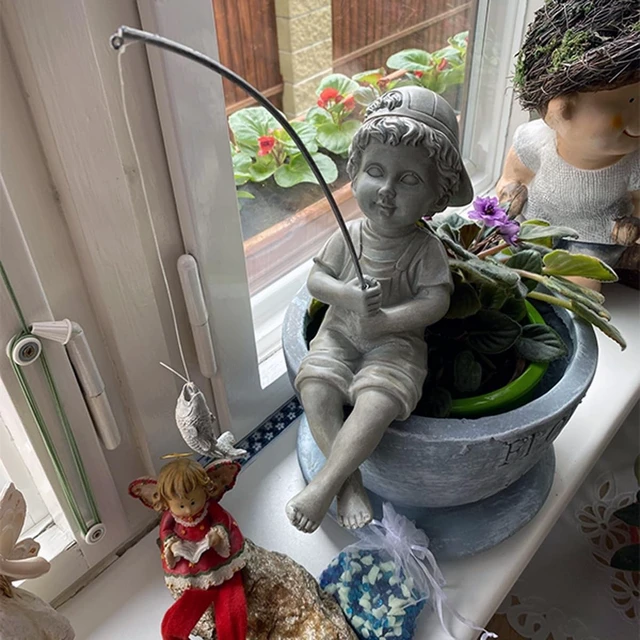 Alt view image 7 of 7 - 11" Fisherboy Garden Statue Little Fishing Guy for Koi Pond or Waterfalls, Poolside Decor with Glow-in-Dark Pebbles, Gift for Mom & Women