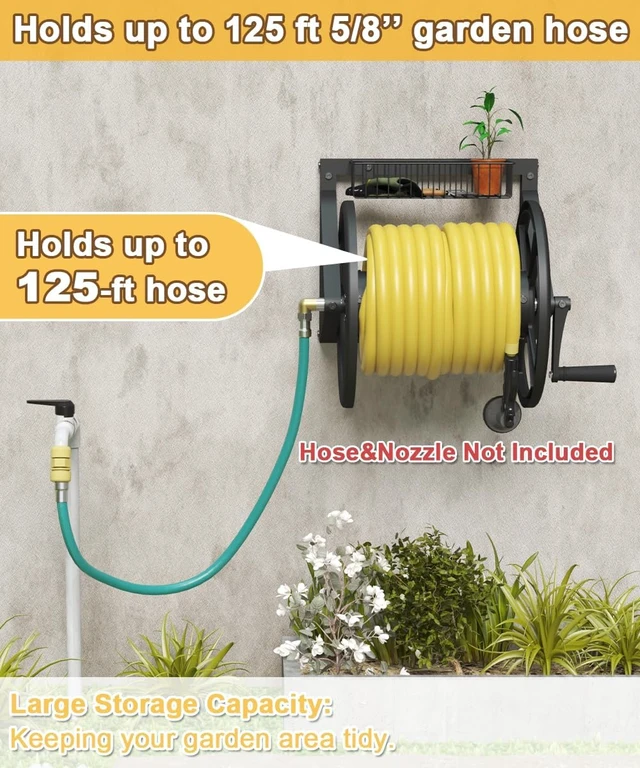 Alt view image 3 of 7 - Black Triangle Wall Mounted Garden Hose Reel, Outdoor Hose Holder