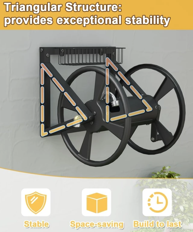 Alt view image 4 of 7 - Black Triangle Wall Mounted Garden Hose Reel, Outdoor Hose Holder