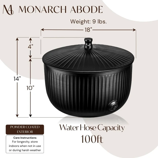 Alt view image 3 of 7 - Garden Hose Holder with Lid 100ft Ridge Embossed Metal Matte Black Pot with Drainage, Decorative Outdoor Storage Caddy