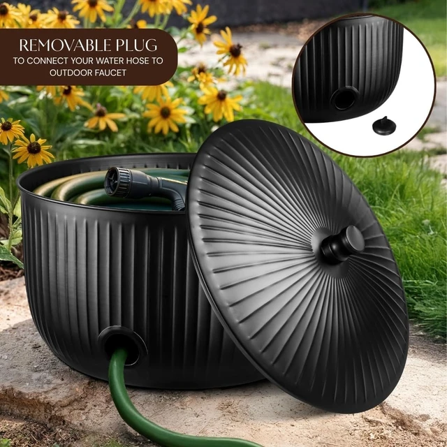 Alt view image 4 of 7 - Garden Hose Holder with Lid 100ft Ridge Embossed Metal Matte Black Pot with Drainage, Decorative Outdoor Storage Caddy