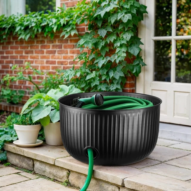 Alt view image 6 of 7 - Garden Hose Holder with Lid 100ft Ridge Embossed Metal Matte Black Pot with Drainage, Decorative Outdoor Storage Caddy