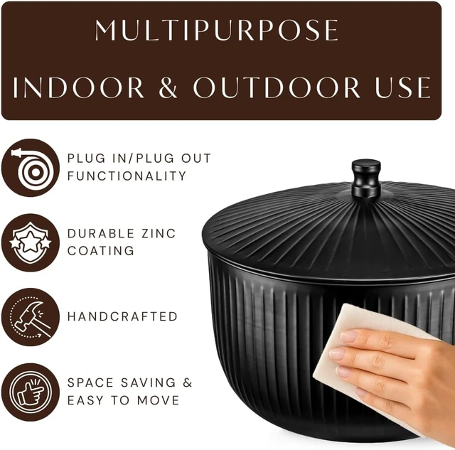 Alt view image 7 of 7 - Garden Hose Holder with Lid 100ft Ridge Embossed Metal Matte Black Pot with Drainage, Decorative Outdoor Storage Caddy