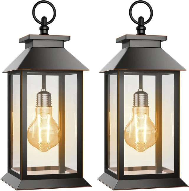 Main image of 2 Pack Hanging Glass Solar Lanterns Outdoor Waterproof, Dual Power Solar & 2*AA Battery, for Porch, Patio, Yard, Indoor Table or Mantel