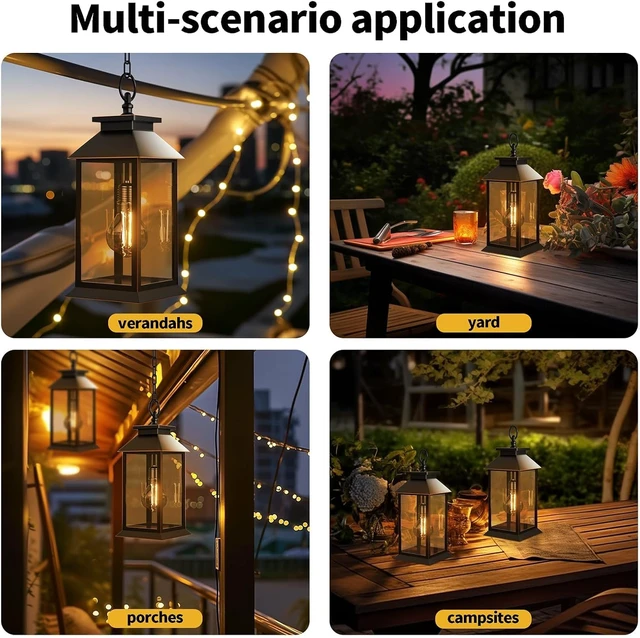 Alt view image 3 of 7 - 2 Pack Hanging Glass Solar Lanterns Outdoor Waterproof, Dual Power Solar & 2*AA Battery, for Porch, Patio, Yard, Indoor Table or Mantel