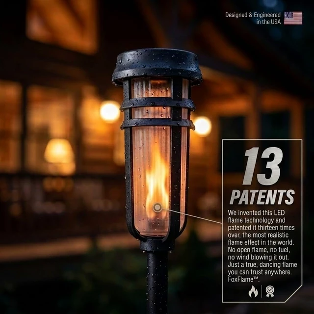 Alt view image 6 of 7 - Metal Solar Tiki Torch Lights with Patented Fire Effect