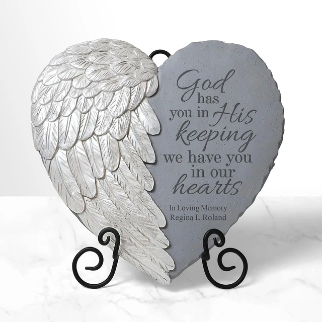 Alt view image 3 of 7 - Personalized Memorial Garden Stone Sympathy, Condolences, 3D Wings of Love, Durable Resin Indoor/Outdoor