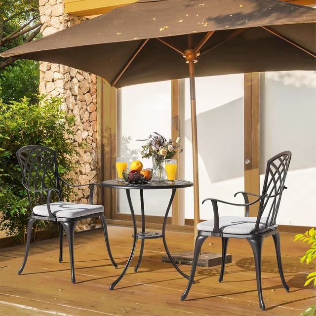 Alt view image 2 of 7 - 3-Piece Cast Aluminum Patio Bistro Set Table & 2 Chairs with Umbrella Hole and Gray Cushions, Black
