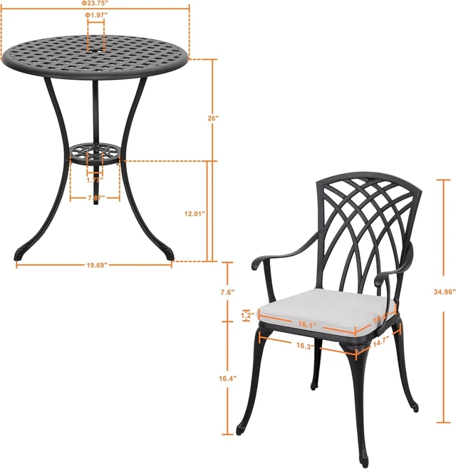 Alt view image 5 of 7 - 3-Piece Cast Aluminum Patio Bistro Set Table & 2 Chairs with Umbrella Hole and Gray Cushions, Black