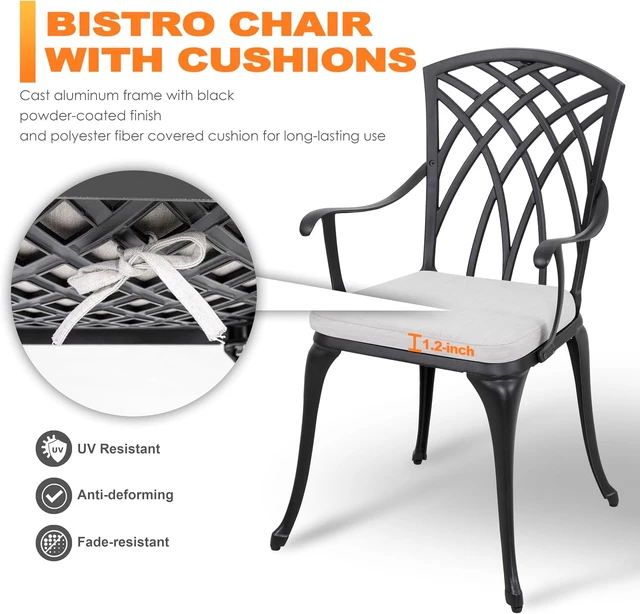 Alt view image 6 of 7 - 3-Piece Cast Aluminum Patio Bistro Set Table & 2 Chairs with Umbrella Hole and Gray Cushions, Black