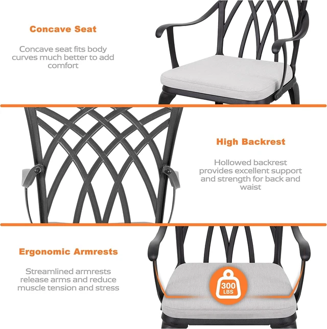 Alt view image 7 of 7 - 3-Piece Cast Aluminum Patio Bistro Set Table & 2 Chairs with Umbrella Hole and Gray Cushions, Black
