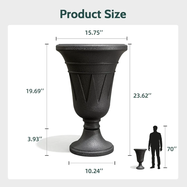 Alt view image 2 of 7 - 24" Black Tall Plastic Urn Planter with Pedestal, Outdoor