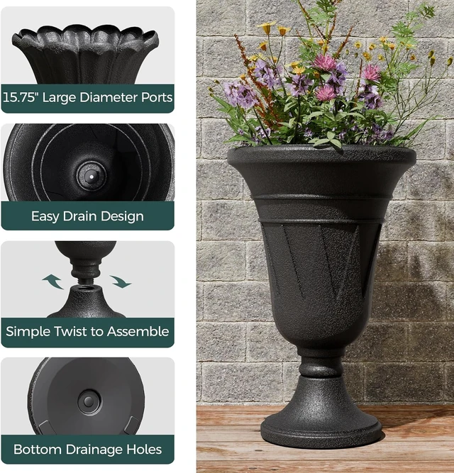 Alt view image 3 of 7 - 24" Black Tall Plastic Urn Planter with Pedestal, Outdoor