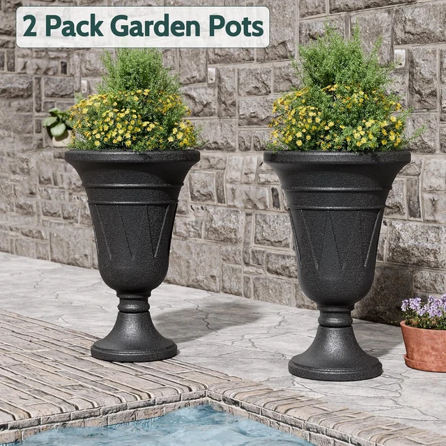 Alt view image 4 of 7 - 24" Black Tall Plastic Urn Planter with Pedestal, Outdoor
