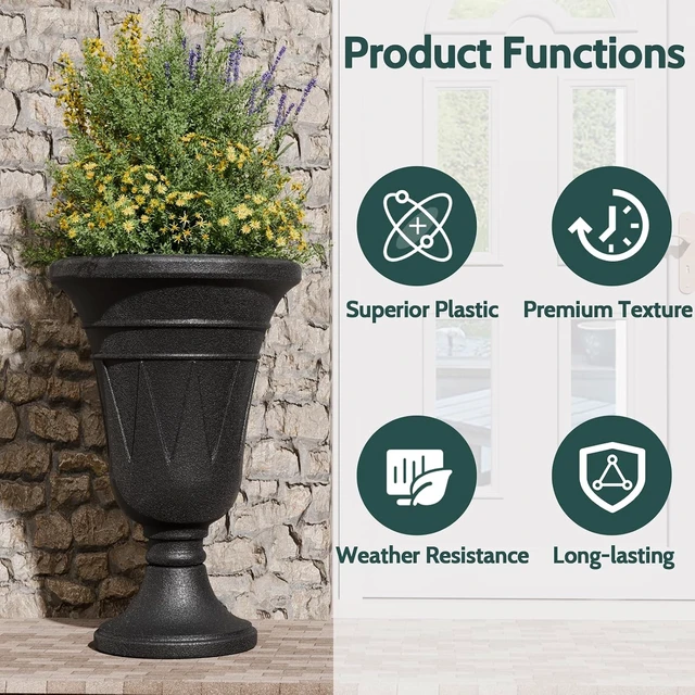 Alt view image 5 of 7 - 24" Black Tall Plastic Urn Planter with Pedestal, Outdoor