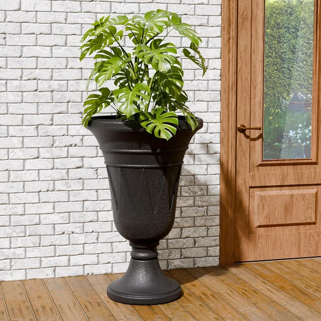 Alt view image 6 of 7 - 24" Black Tall Plastic Urn Planter with Pedestal, Outdoor