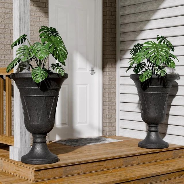Alt view image 7 of 7 - 24" Black Tall Plastic Urn Planter with Pedestal, Outdoor