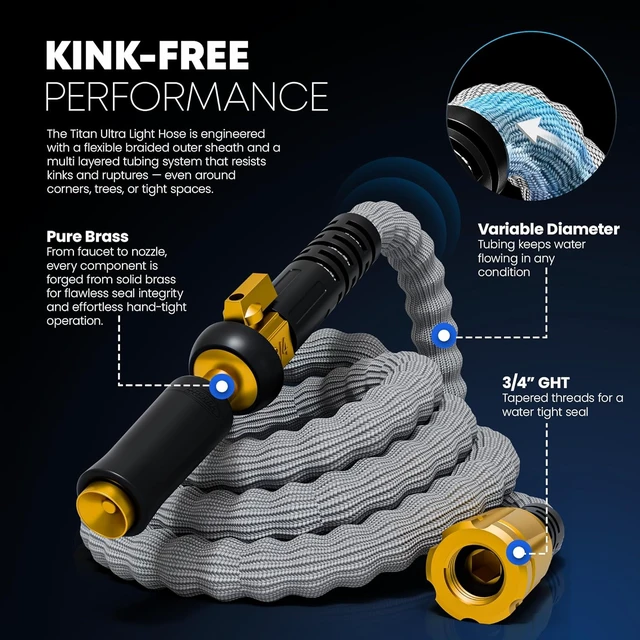 Alt view image 2 of 7 - 50FT Flexible Garden Hose Ultra Lightweight, Heavy Duty Water Hose with Brass Fittings & Jet Nozzle, Kink-Free Non-Expanding Fabric for Yard, Lawn, Car Wash