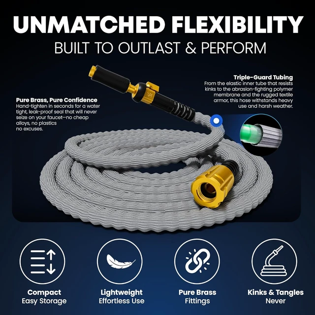 Alt view image 4 of 7 - 50FT Flexible Garden Hose Ultra Lightweight, Heavy Duty Water Hose with Brass Fittings & Jet Nozzle, Kink-Free Non-Expanding Fabric for Yard, Lawn, Car Wash