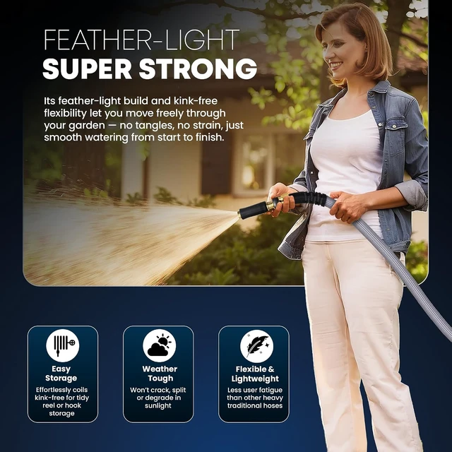 Alt view image 7 of 7 - 50FT Flexible Garden Hose Ultra Lightweight, Heavy Duty Water Hose with Brass Fittings & Jet Nozzle, Kink-Free Non-Expanding Fabric for Yard, Lawn, Car Wash