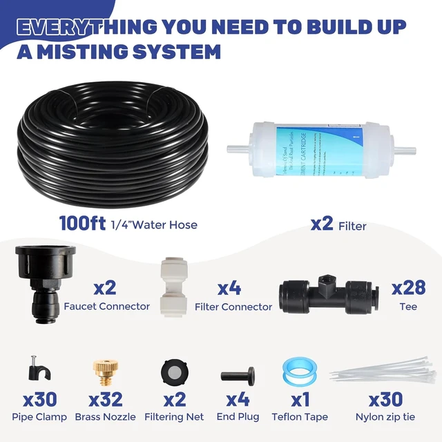 Alt view image 2 of 6 - 100FT Outdoor Patio Misting Cooling System 100FT (30M) Line + 32 Brass Mist Nozzles for Garden, Greenhouse, Trampoline, Waterpark