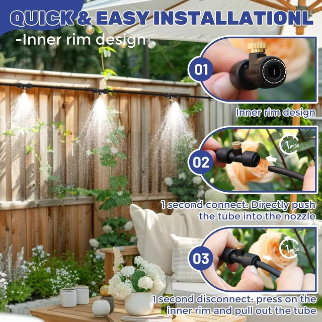Alt view image 3 of 6 - 100FT Outdoor Patio Misting Cooling System 100FT (30M) Line + 32 Brass Mist Nozzles for Garden, Greenhouse, Trampoline, Waterpark