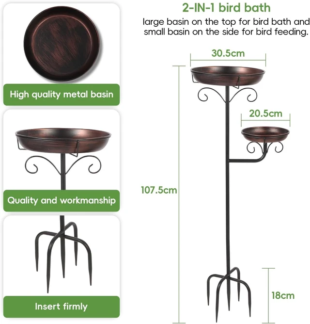 Alt view image 3 of 7 - 42" Large Freestanding Metal Bird Bath for Outdoors Removable Bowl with 5 Strong Stakes, Ground Mounted Feeder for Garden, Backyard, Lawn
