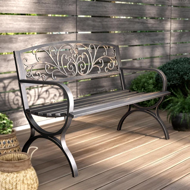 Main image of 50 Inch Cast Iron Steel Frame Outdoor Garden Bench, Bronze