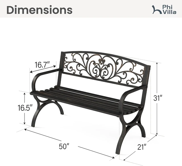Alt view image 2 of 7 - 50 Inch Cast Iron Steel Frame Outdoor Garden Bench, Bronze