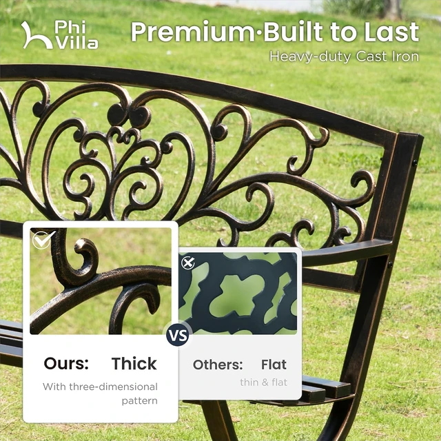 Alt view image 3 of 7 - 50 Inch Cast Iron Steel Frame Outdoor Garden Bench, Bronze