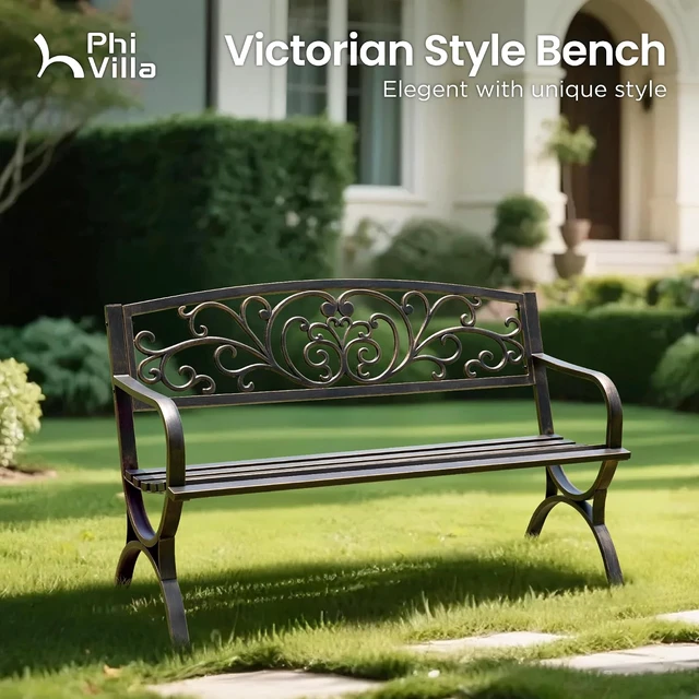 Alt view image 5 of 7 - 50 Inch Cast Iron Steel Frame Outdoor Garden Bench, Bronze