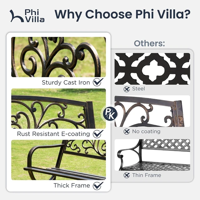 Alt view image 6 of 7 - 50 Inch Cast Iron Steel Frame Outdoor Garden Bench, Bronze