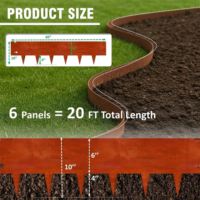 Alt view image 2 of 7 - 40"x10" Corten Steel Landscape Edging, 6-Pack (20ft Total) Rusted Metal Border for Lawn & Flower Beds, Hammer-in Outdoor Landscaping for Yard, Pathways & Driveways