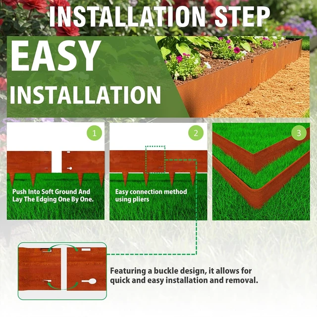 Alt view image 3 of 7 - 40"x10" Corten Steel Landscape Edging, 6-Pack (20ft Total) Rusted Metal Border for Lawn & Flower Beds, Hammer-in Outdoor Landscaping for Yard, Pathways & Driveways